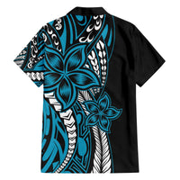 Polynesian Plumeria Floral Tattoo Pattern Family Matching Off Shoulder Short Dress and Hawaiian Shirt Bllue Style