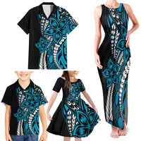 Polynesian Plumeria Floral Tattoo Pattern Family Matching Tank Maxi Dress and Hawaiian Shirt Bllue Style