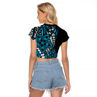 Polynesian Plumeria Floral Tattoo Pattern Raglan Cropped T Shirt Bllue Style