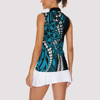 Polynesian Plumeria Floral Tattoo Pattern Women Sleeveless Polo Shirt Bllue Style