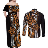 Polynesian Plumeria Floral Tattoo Pattern Couples Matching Off Shoulder Maxi Dress and Long Sleeve Button Shirt Gold Style