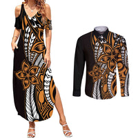 Polynesian Plumeria Floral Tattoo Pattern Couples Matching Summer Maxi Dress and Long Sleeve Button Shirt Gold Style