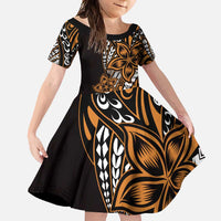 Polynesian Plumeria Floral Tattoo Pattern Family Matching Off Shoulder Maxi Dress and Hawaiian Shirt Gold Style