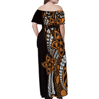 Polynesian Plumeria Floral Tattoo Pattern Family Matching Off Shoulder Maxi Dress and Hawaiian Shirt Gold Style