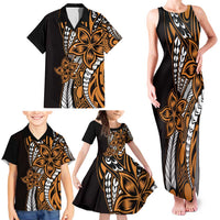 Polynesian Plumeria Floral Tattoo Pattern Family Matching Tank Maxi Dress and Hawaiian Shirt Gold Style