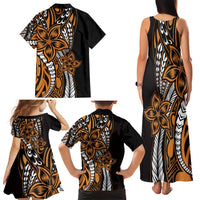 Polynesian Plumeria Floral Tattoo Pattern Family Matching Tank Maxi Dress and Hawaiian Shirt Gold Style