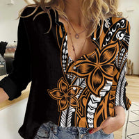 Polynesian Plumeria Floral Tattoo Pattern Women Casual Shirt Gold Style