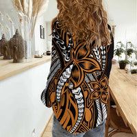 Polynesian Plumeria Floral Tattoo Pattern Women Casual Shirt Gold Style