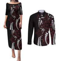 Polynesian Plumeria Floral Tattoo Pattern Couples Matching Puletasi and Long Sleeve Button Shirt Oxblood Style