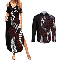 Polynesian Plumeria Floral Tattoo Pattern Couples Matching Summer Maxi Dress and Long Sleeve Button Shirt Oxblood Style