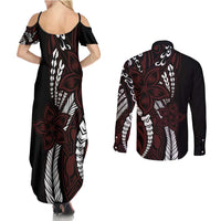 Polynesian Plumeria Floral Tattoo Pattern Couples Matching Summer Maxi Dress and Long Sleeve Button Shirt Oxblood Style