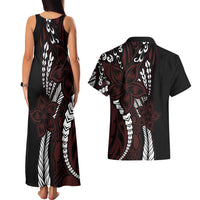 Polynesian Plumeria Floral Tattoo Pattern Couples Matching Tank Maxi Dress and Hawaiian Shirt Oxblood Style