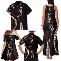 Polynesian Plumeria Floral Tattoo Pattern Family Matching Tank Maxi Dress and Hawaiian Shirt Oxblood Style