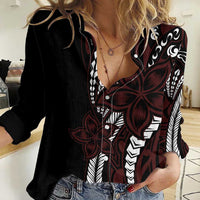 Polynesian Plumeria Floral Tattoo Pattern Women Casual Shirt Oxblood Style