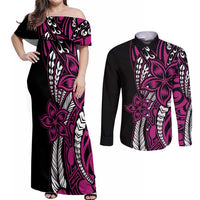 Polynesian Plumeria Floral Tattoo Pattern Couples Matching Off Shoulder Maxi Dress and Long Sleeve Button Shirt Pink Style