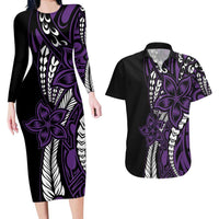 Polynesian Plumeria Floral Tattoo Pattern Couples Matching Long Sleeve Bodycon Dress and Hawaiian Shirt Purple Style