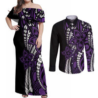 Polynesian Plumeria Floral Tattoo Pattern Couples Matching Off Shoulder Maxi Dress and Long Sleeve Button Shirt Purple Style