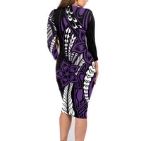 Polynesian Plumeria Floral Tattoo Pattern Family Matching Long Sleeve Bodycon Dress and Hawaiian Shirt Purple Style
