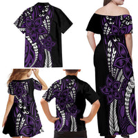 Polynesian Plumeria Floral Tattoo Pattern Family Matching Off Shoulder Maxi Dress and Hawaiian Shirt Purple Style