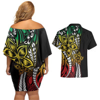 Polynesian Plumeria Floral Tattoo Pattern Couples Matching Off Shoulder Short Dress and Hawaiian Shirt Reggae Style