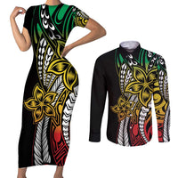 Polynesian Plumeria Floral Tattoo Pattern Couples Matching Short Sleeve Bodycon Dress and Long Sleeve Button Shirt Reggae Style