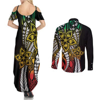 Polynesian Plumeria Floral Tattoo Pattern Couples Matching Summer Maxi Dress and Long Sleeve Button Shirt Reggae Style