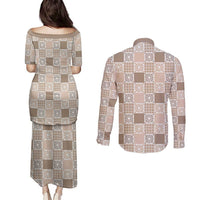 Hawaiian Palaka Quilt Pattern Couples Matching Puletasi and Long Sleeve Button Shirt Hawaii Culture Honu Turtle LT9 - Polynesian Pride