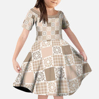 Hawaiian Palaka Quilt Pattern Kid Short Sleeve Dress Hawaii Culture Honu Turtle - Polynesian Pride