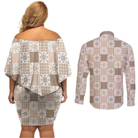 Hawaiian Palaka Quilt Pattern Couples Matching Off Shoulder Short Dress and Long Sleeve Button Shirt Hawaii Culture Pineapple - Polynesian Pride