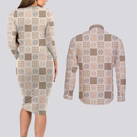 Hawaiian Palaka Quilt Pattern Couples Matching Long Sleeve Bodycon Dress and Long Sleeve Button Shirt Hawaii Culture Tropical Flowers Mix - Polynesian Pride