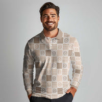 Hawaiian Palaka Quilt Pattern Long Sleeve Polo Shirt Hawaii Culture Tropical Flowers Mix - Polynesian Pride