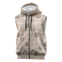 Hawaiian Palaka Quilt Pattern Sleeveless Zip Hoodie Hawaii Culture Tropical Flowers Mix LT9 Beige - Polynesian Pride