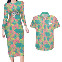 Seamless Hawaiian Quilt Pattern Couples Matching Long Sleeve Bodycon Dress and Hawaiian Shirt Hawaii Culture Palm Leaf Tropical - Polynesian Pride