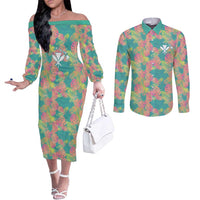 Seamless Hawaiian Quilt Pattern Couples Matching Off The Shoulder Long Sleeve Dress and Long Sleeve Button Shirt Hawaii Culture Palm Leaf Tropical - Polynesian Pride