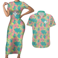Seamless Hawaiian Quilt Pattern Couples Matching Short Sleeve Bodycon Dress and Hawaiian Shirt Hawaii Culture Palm Leaf Tropical - Polynesian Pride