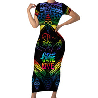 Tonga LGBT Family Matching Short Sleeve Bodycon Dress and Hawaiian Shirt Love Is Love Ngatu Rainbow Water Color LT9 Mom's Dress Black - Polynesian Pride