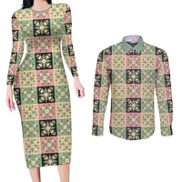 Seamless Pattern Maile and Pikake Lei Couples Matching Long Sleeve Bodycon Dress and Long Sleeve Button Shirt Squares Maile Leaf - Polynesian Pride