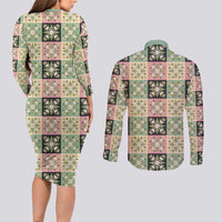 Seamless Pattern Maile and Pikake Lei Couples Matching Long Sleeve Bodycon Dress and Long Sleeve Button Shirt Squares Maile Leaf - Polynesian Pride