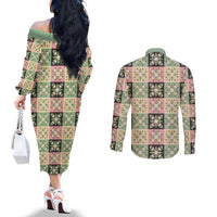 Seamless Pattern Maile and Pikake Lei Couples Matching Off The Shoulder Long Sleeve Dress and Long Sleeve Button Shirt Squares Maile Leaf - Polynesian Pride