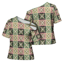 Seamless Pattern Maile and Pikake Lei Cross Shoulder Shirt Squares Maile Leaf - Polynesian Pride