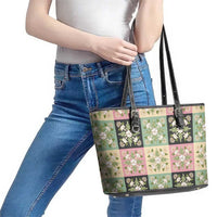 Seamless Pattern Maile and Pikake Lei Leather Tote Bag Squares Maile Leaf - Polynesian Pride