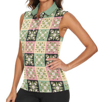 Seamless Pattern Maile and Pikake Lei Women Sleeveless Polo Shirt Squares Maile Leaf - Polynesian Pride