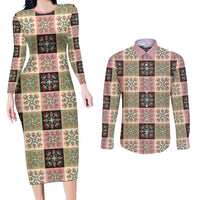 Seamless Pattern Pikake Lei Couples Matching Long Sleeve Bodycon Dress and Long Sleeve Button Shirt Floral Squares Pikake - Polynesian Pride