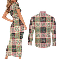 Seamless Pattern Pikake Lei Couples Matching Short Sleeve Bodycon Dress and Long Sleeve Button Shirt Floral Squares Pikake - Polynesian Pride