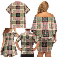 Seamless Pattern Pikake Lei Family Matching Off Shoulder Short Dress and Hawaiian Shirt Floral Squares Pikake - Polynesian Pride