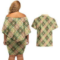 Seamless Pattern Puakenikeni and Kalo Couples Matching Off Shoulder Short Dress and Hawaiian Shirt - Polynesian Pride