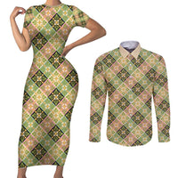 Seamless Pattern Puakenikeni and Kalo Couples Matching Short Sleeve Bodycon Dress and Long Sleeve Button Shirt - Polynesian Pride