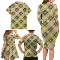 Seamless Pattern Puakenikeni and Kalo Family Matching Long Sleeve Bodycon Dress and Hawaiian Shirt - Polynesian Pride