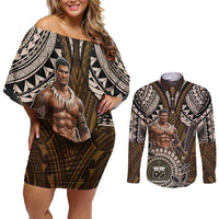 Samoa Warrior Couples Matching Off Shoulder Short Dress and Long Sleeve Button Shirt The Mighty Samoan Warrior Spirit