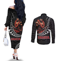 Samoan Pride Polynesian Tribal Warrior Couples Matching Off The Shoulder Long Sleeve Dress and Long Sleeve Button Shirt 685 Samoa Mo Samoa LT9 - Polynesian Pride